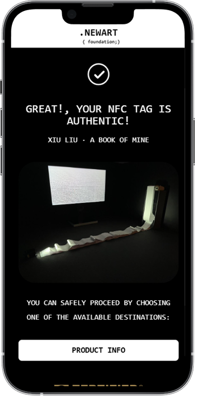 New Art Foundation NFC tag mobile verification screen